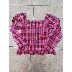 NWT Girls Old Navy Pink Plaid Long Sleeve Smocked Top XS (5) K4